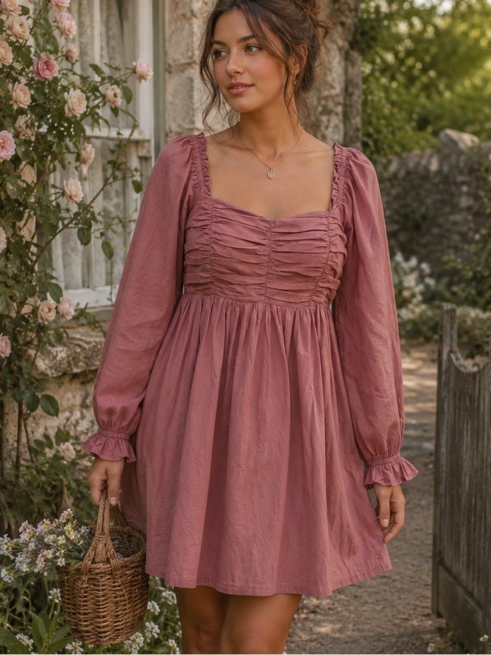 Aaron & Amber Mauve Ruched Smocked Romantic Cottagecore Babydoll Dress M